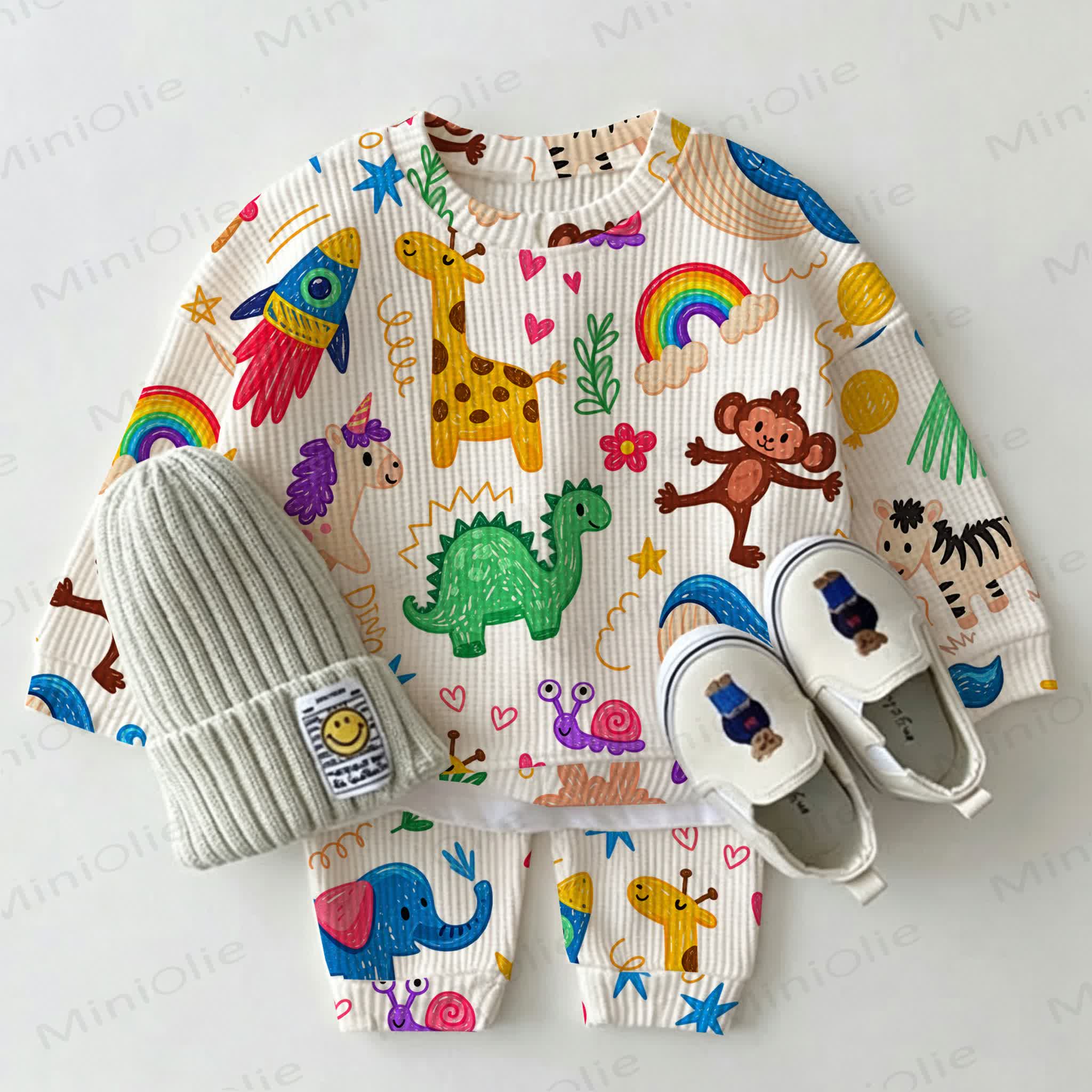 Baby Animal Rainbow White Waffle 2-piece Set - Blue - 2-3T - image 1