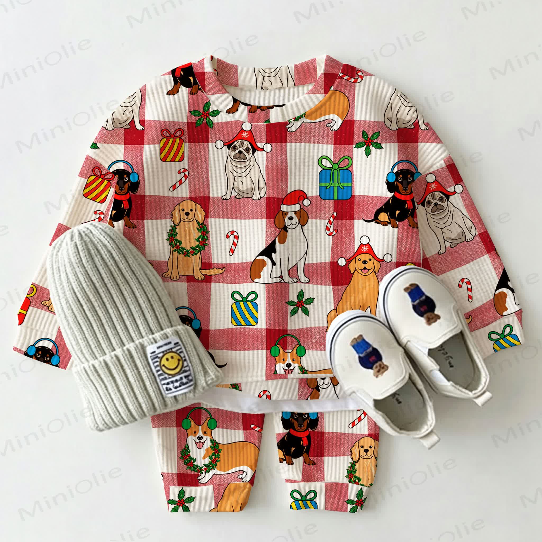 Baby Christmas Puppy Plaid Waffle 2-piece Set - Red - 2-3T - image 1