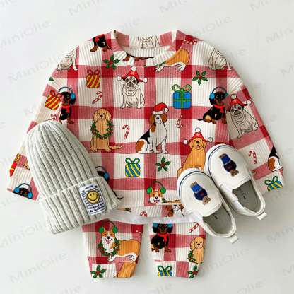 Baby Christmas Puppy Plaid Waffle 2-piece Set - Red - 2-3T - image 1