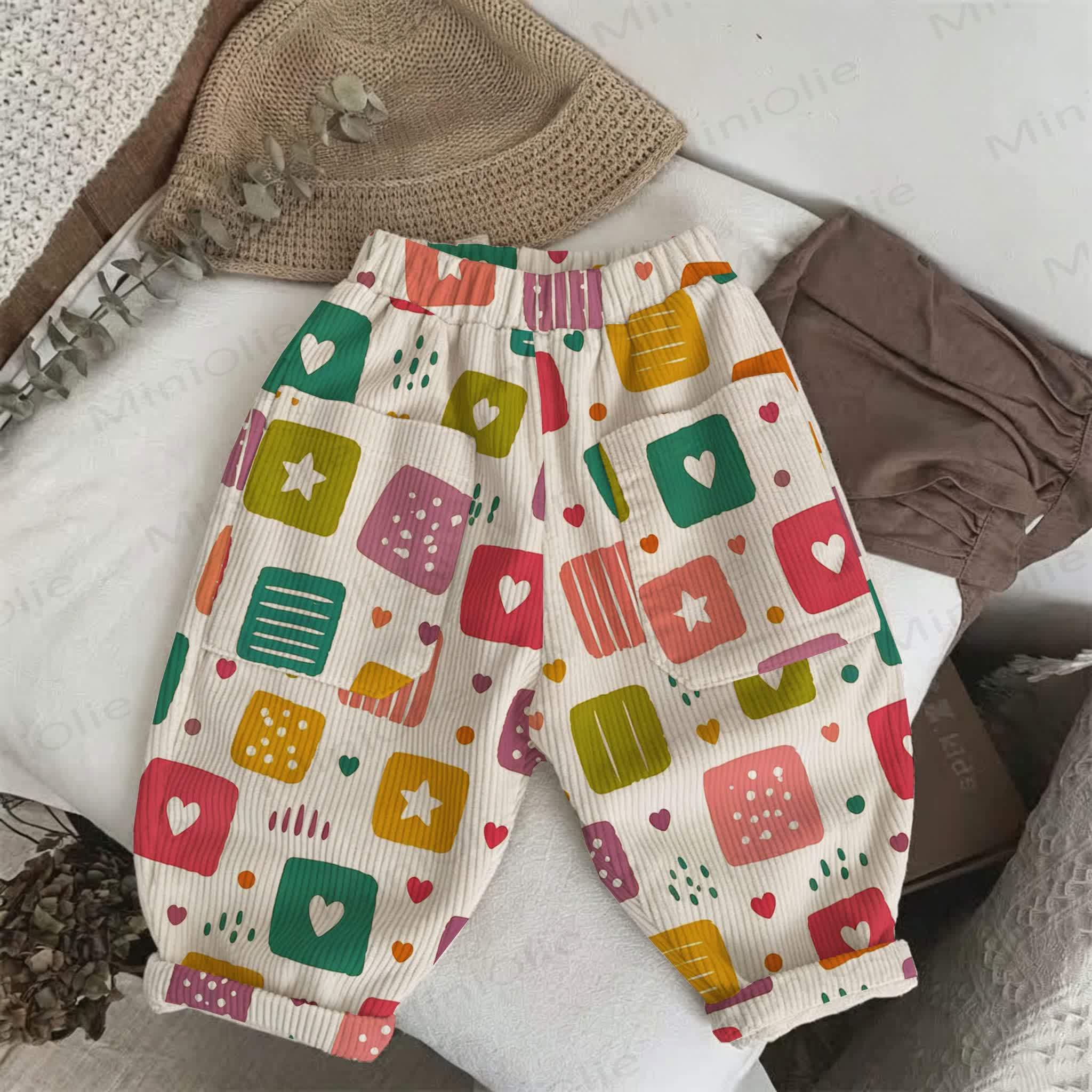 Baby Toddler Colour-Block Icon Heart Cord Pants - Beige - 3-5T - image 1