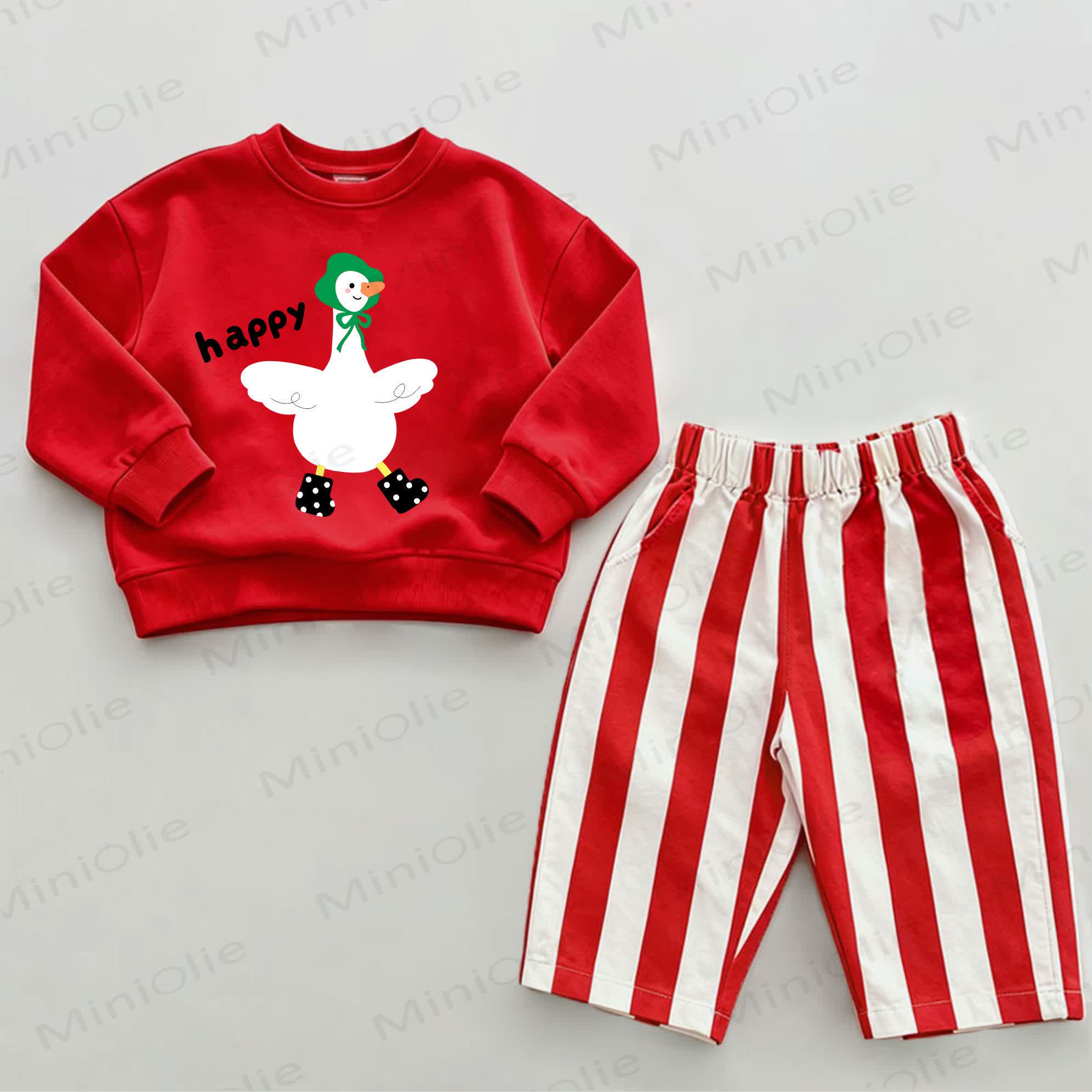 HAPPY Baby Goose Sweatshirt and Striped Pants 2-piece Set - White&Red - 2-3T - image 1