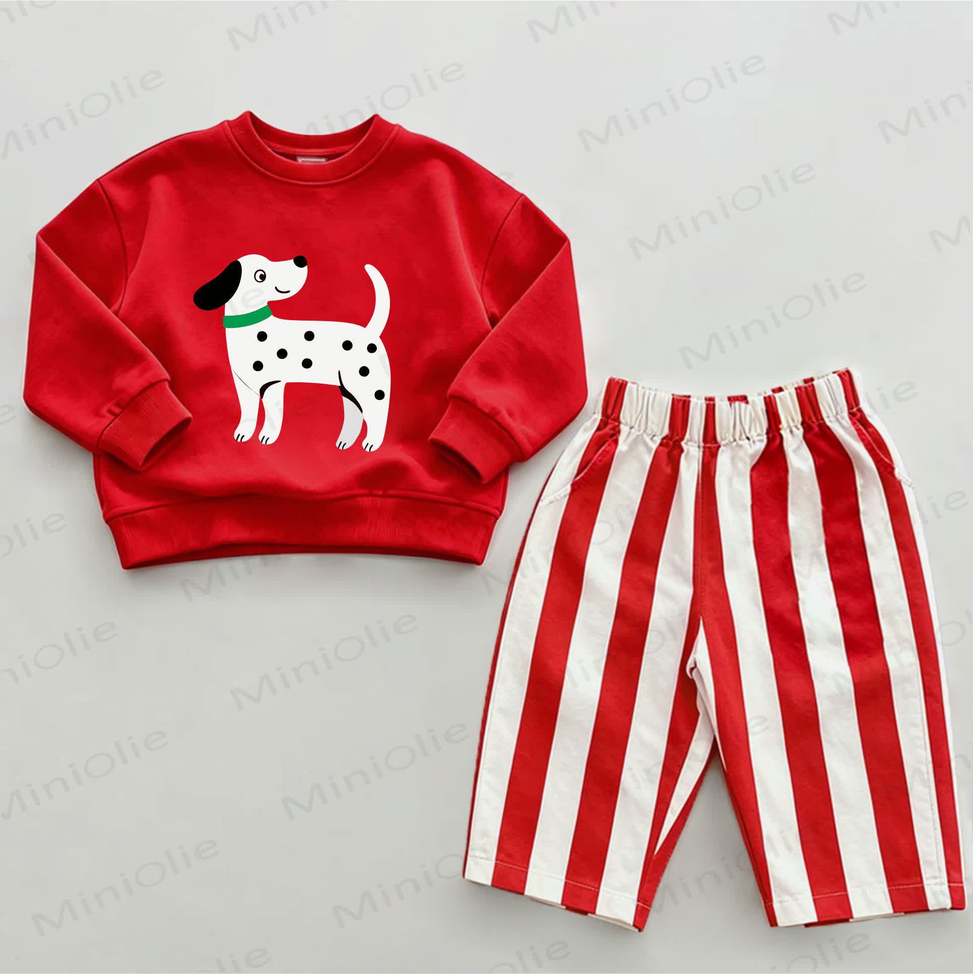 Baby Dalmatian Sweatshirt and Striped Pants 2-piece Set - White&Red - 2-3T - image 1