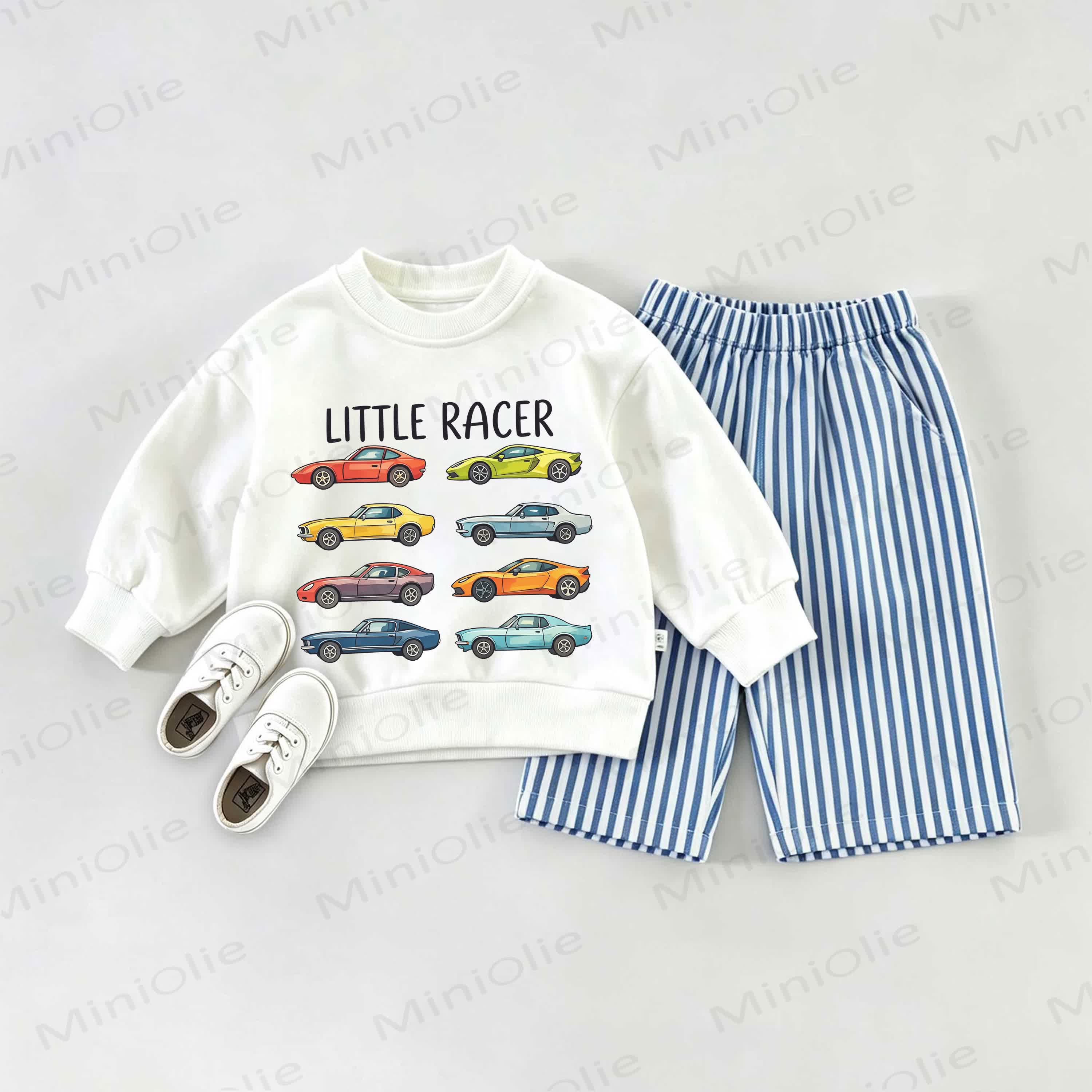 LITTLE RACER Baby Car Print Sweatshirt 2-piece Set - White&Blue - 2-3T - image 1