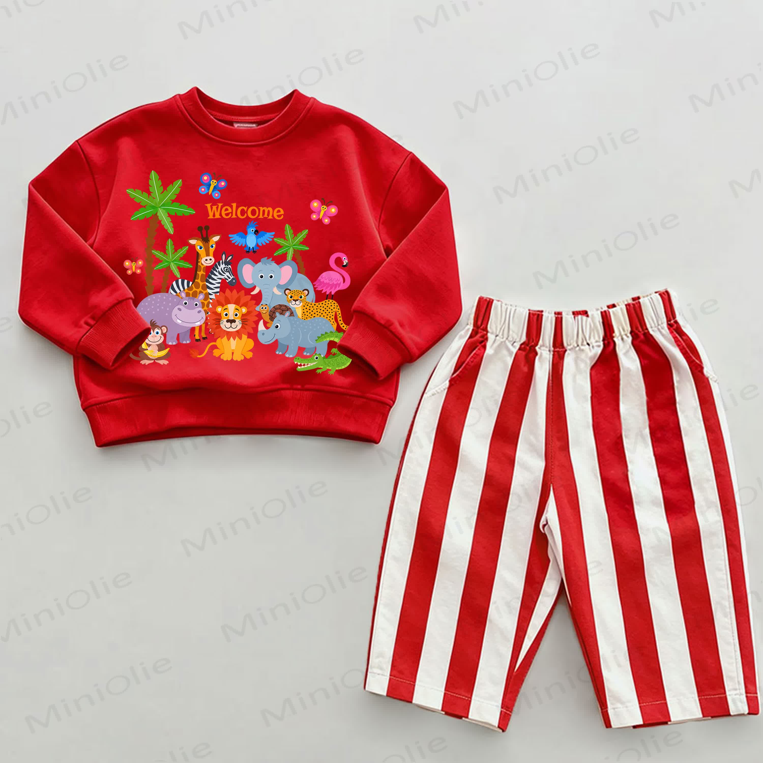 WELCOME Baby Zoo Sweatshirt and Striped Pants 2-piece Set - White&Red - 2-3T - image 1