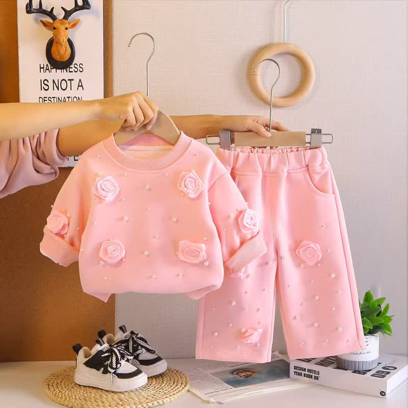 Toddler Girl Rosette Pearl Sweatshirt and Pants Set - Pink - 4-5T - image 3