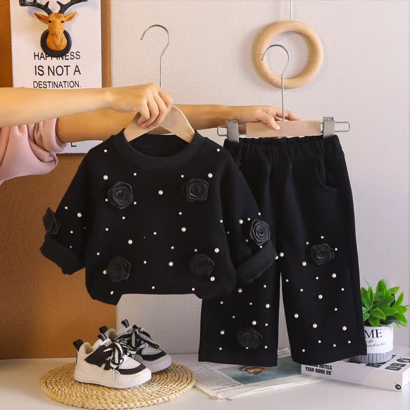 Toddler Girl Rosette Pearl Sweatshirt and Pants Set - Black - 4-5T - image 4