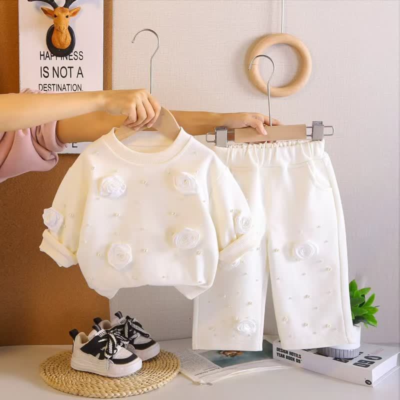 Toddler Girl Rosette Pearl Sweatshirt and Pants Set - Beige - 4-5T - image 5