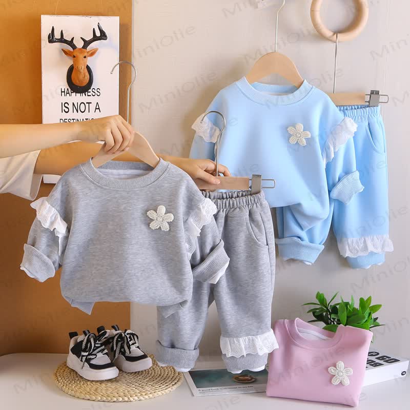 Toddler Girl Lace Trim Flower Sweatshirt and Pants Set - image 1