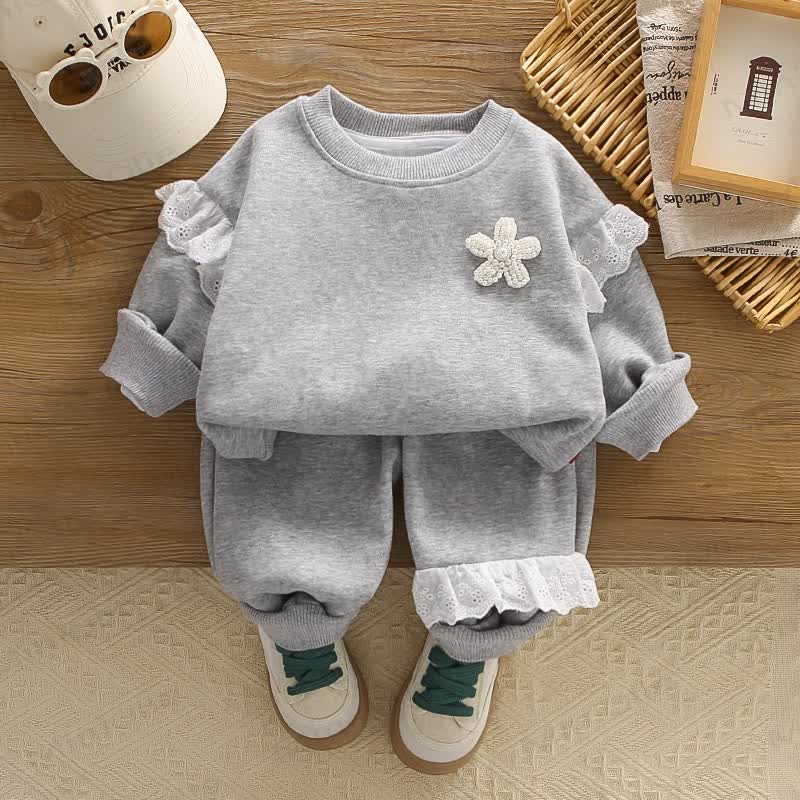 Toddler Girl Lace Trim Flower Sweatshirt and Pants Set - Gray - 6-7T - image 2