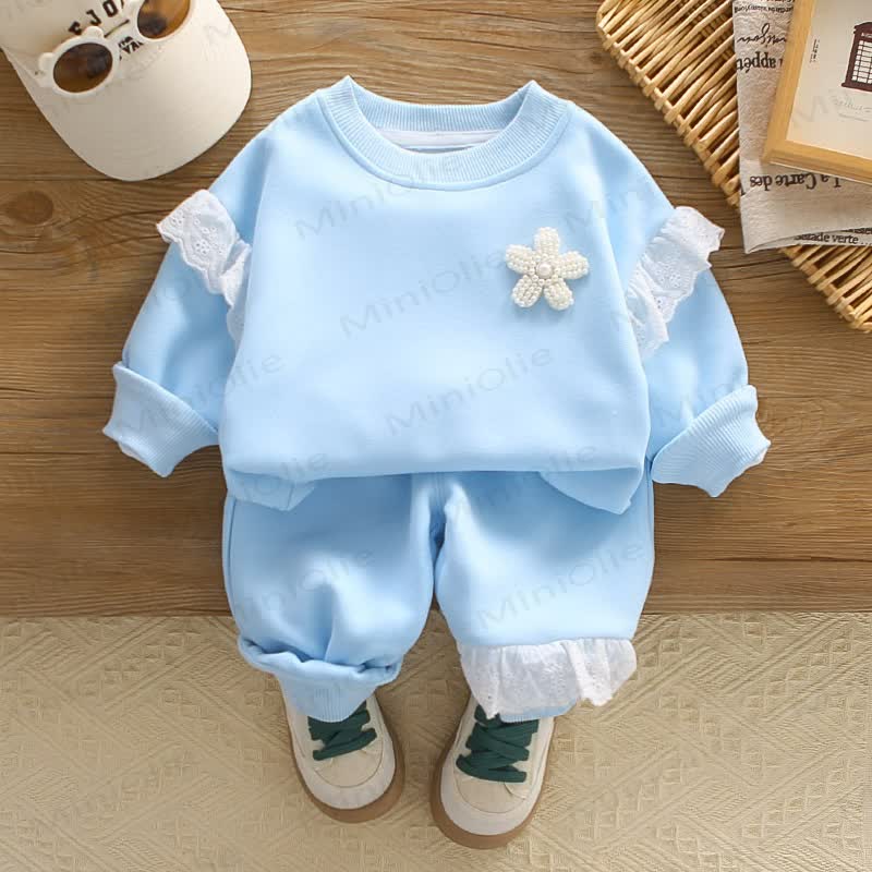 Toddler Girl Lace Trim Flower Sweatshirt and Pants Set - Blue - 6-7T - image 3