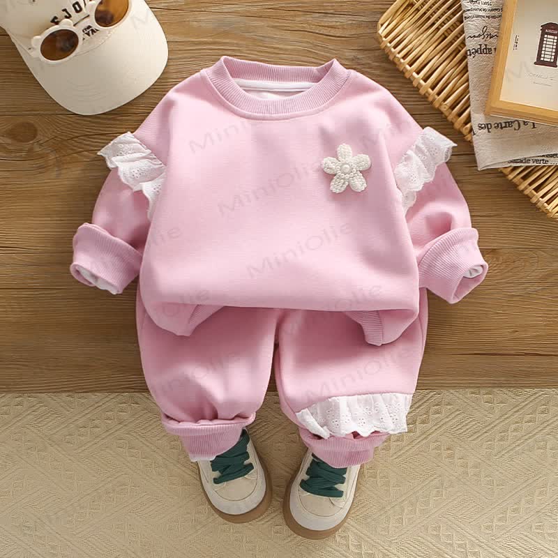 Toddler Girl Lace Trim Flower Sweatshirt and Pants Set - Pink - 6-7T - image 4