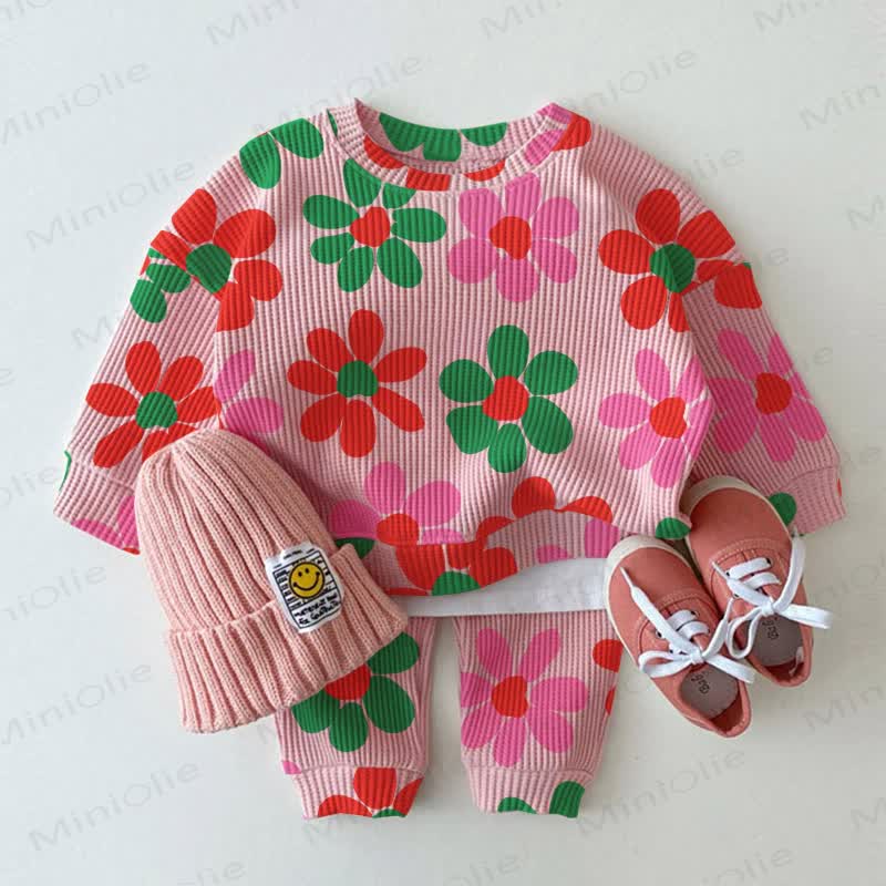 Baby Flower Print Pink Waffle 2-piece Set - Pink - 2-3T - image 1