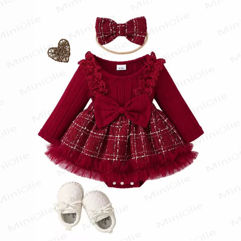 Baby Burgundy Bow Tulle Bodysuit with Headband - Red - 12-18M - image 1