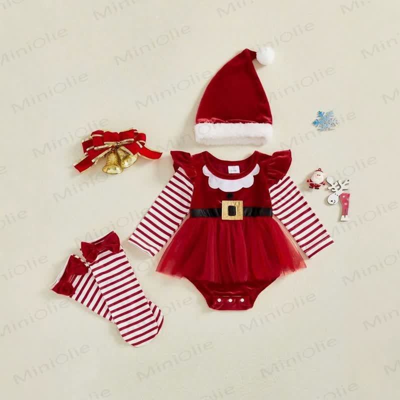 Baby Christmas Velvet Tulle Skirted Bodysuit Hat and Socks - Red - 12-18M - image 1