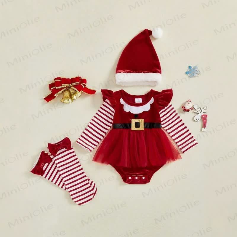 Baby Christmas Velvet Tulle Skirted Bodysuit Hat and Socks - Red - 12-18M - image 1