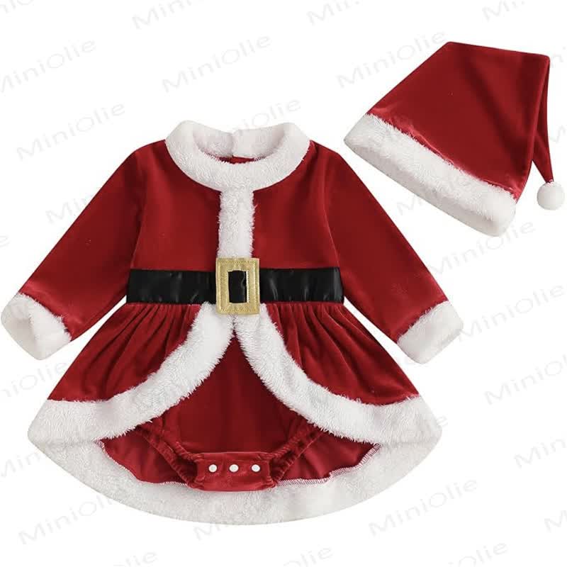 Baby Velvet Santa Skirted Bodysuit with Hat - image 5