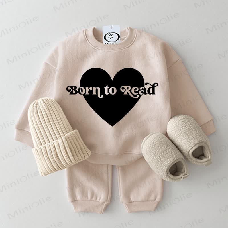BORN TO READ Baby Beige Heart Sweatshirt 2-piece Set - Beige - 2-3T - image 1