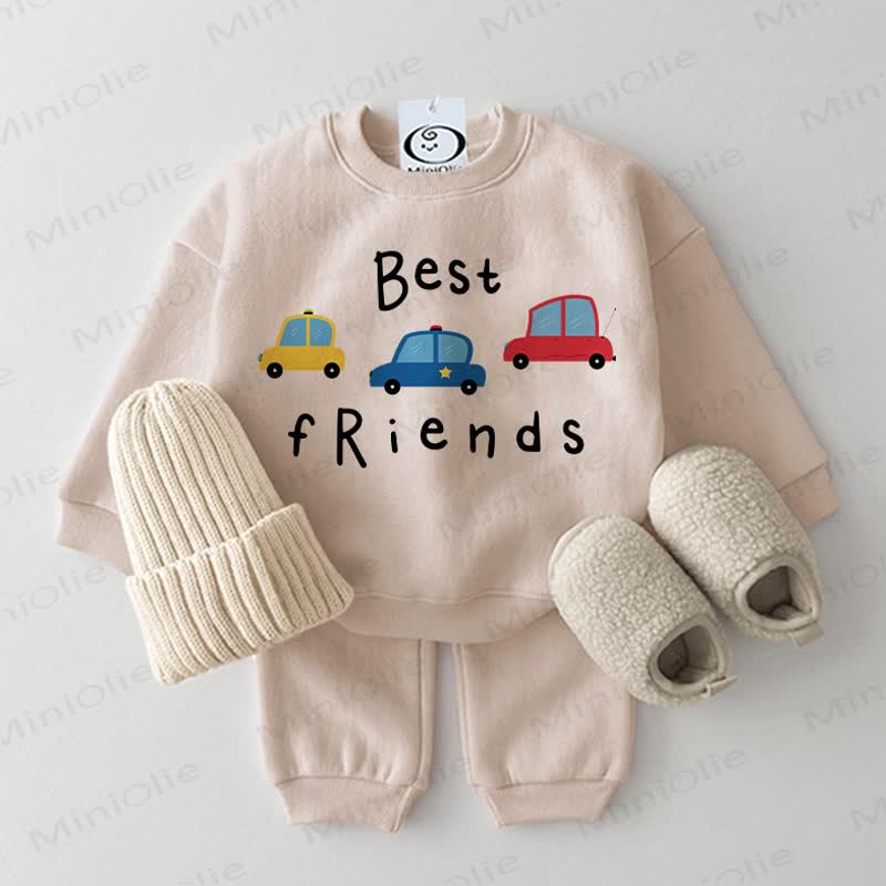 BEST FRIENDS Baby Car Print Sweatshirt 2-piece Beige Set - Beige - 2-3T - image 1