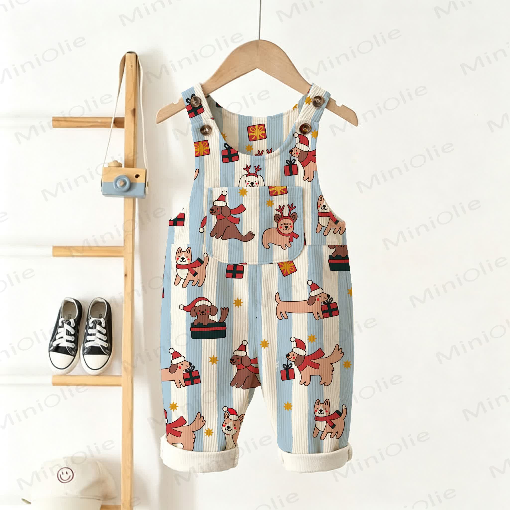 Baby Toddler Christmas Daschund Blue Striped Corduroy Overalls - Beige - 3-5T - image 1