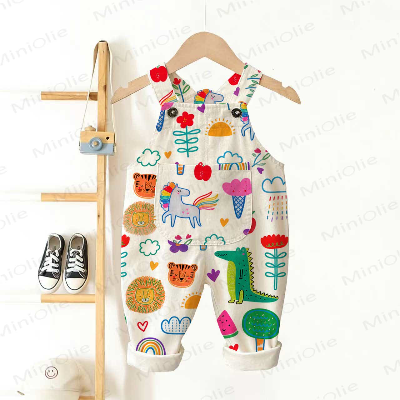 Baby Toddler Cartoon Zoo Print Pocket Overalls - Beige - 3-5T - image 1