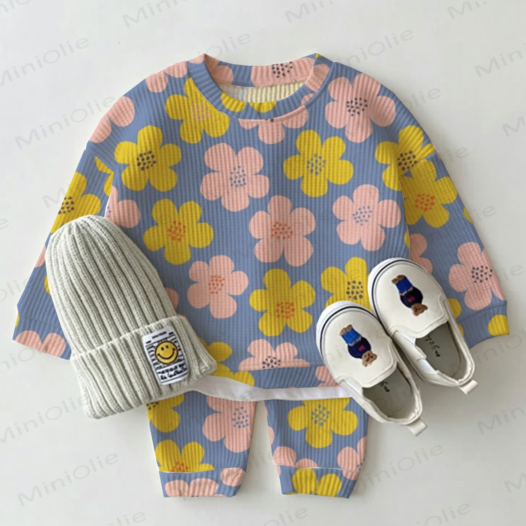 Baby Colorful Flower Blue Waffle 2-piece Set - Blue - 2-3T - image 1