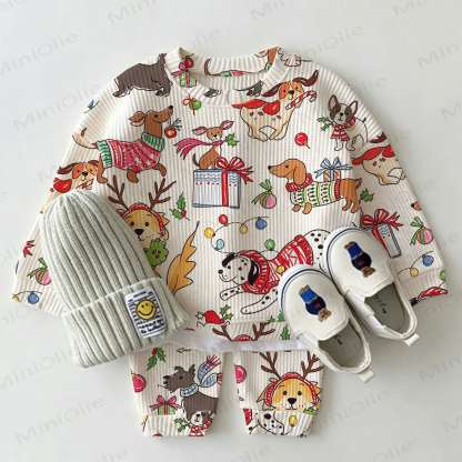 Baby Christmas Dogs Beige Waffle 2-piece Set - Beige - 2-3T - image 1