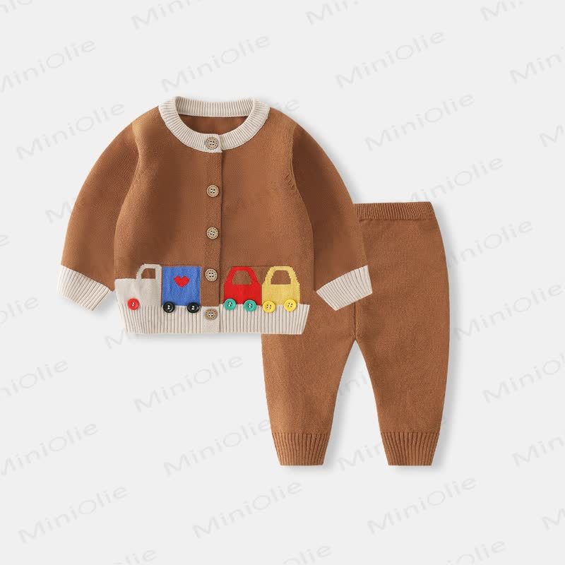 Baby Toy Car Knit Cardigan and Pants Set - Brown - 18-24M - image 2