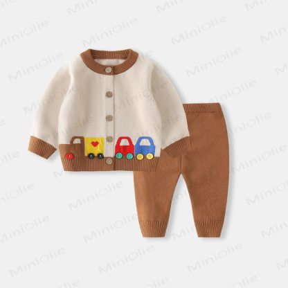 Baby Toy Car Knit Cardigan and Pants Set - Beige - 18-24M - image 1