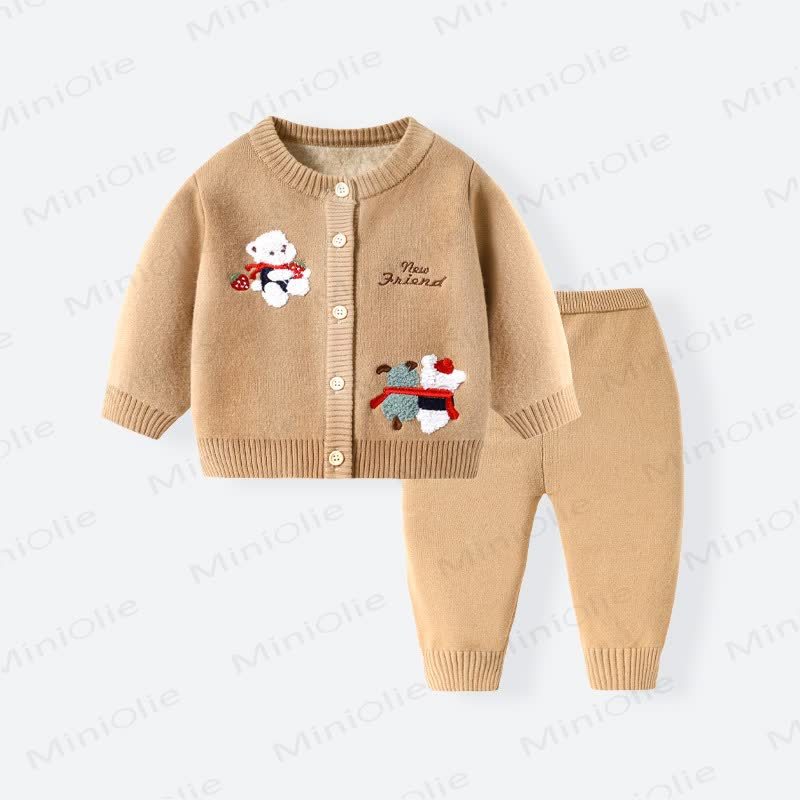 NEW FRIEND Baby Bear Patch Fleece Cardigan and Pants 2-piece Set - Beige - 12-24M - image 2
