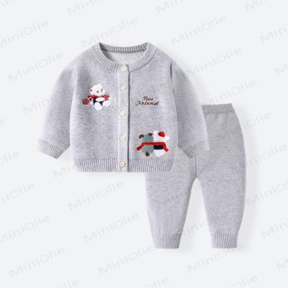 NEW FRIEND Baby Bear Patch Fleece Cardigan and Pants 2-piece Set - Gray - 12-24M - image 3