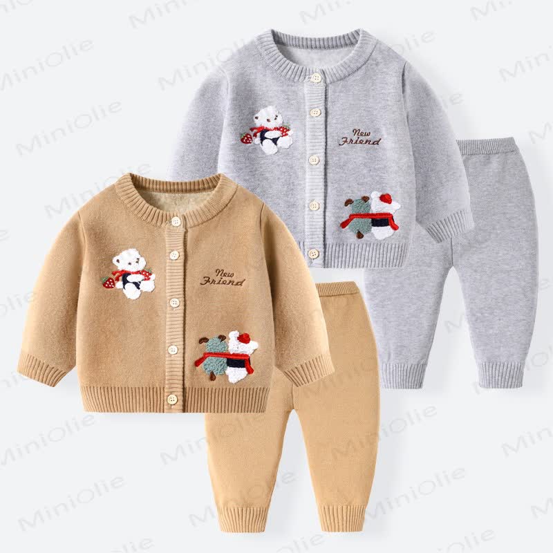 NEW FRIEND Baby Bear Patch Fleece Cardigan and Pants 2-piece Set - image 1