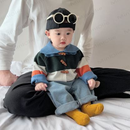 Baby Toddler Colorblock Knit Cardigan or Denim Bear Pants - Green Cardigan - 2-3T - image 2
