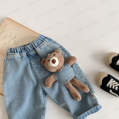 Baby Toddler Colorblock Knit Cardigan or Denim Bear Pants - Blue Pants - 3-4T - image 3