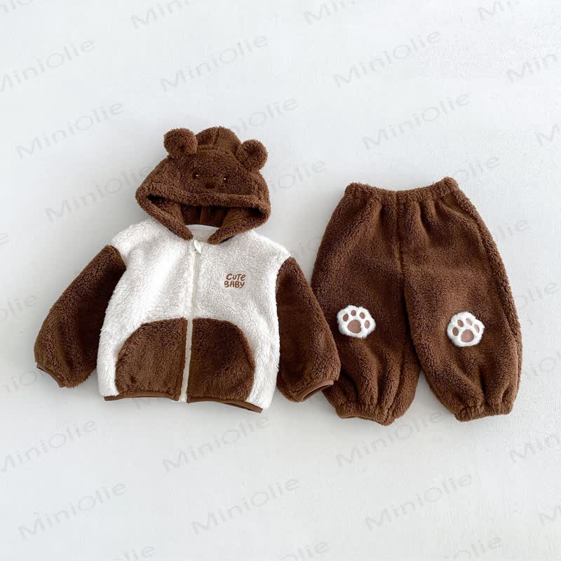 Toddler Animal Ear Colorblock Fleece Lounge 2-piece Set - Coffee Brown - 6-7T - image 3
