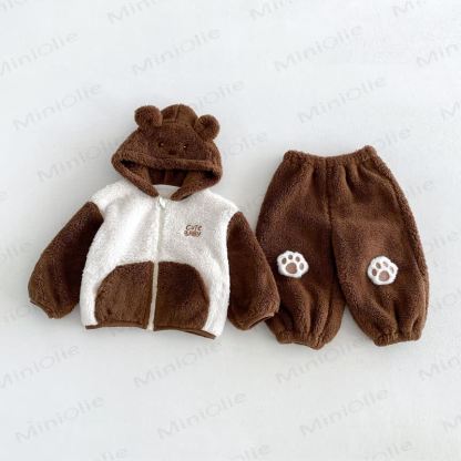 Toddler Animal Ear Colorblock Fleece Lounge 2-piece Set - Coffee Brown - 6-7T - image 3