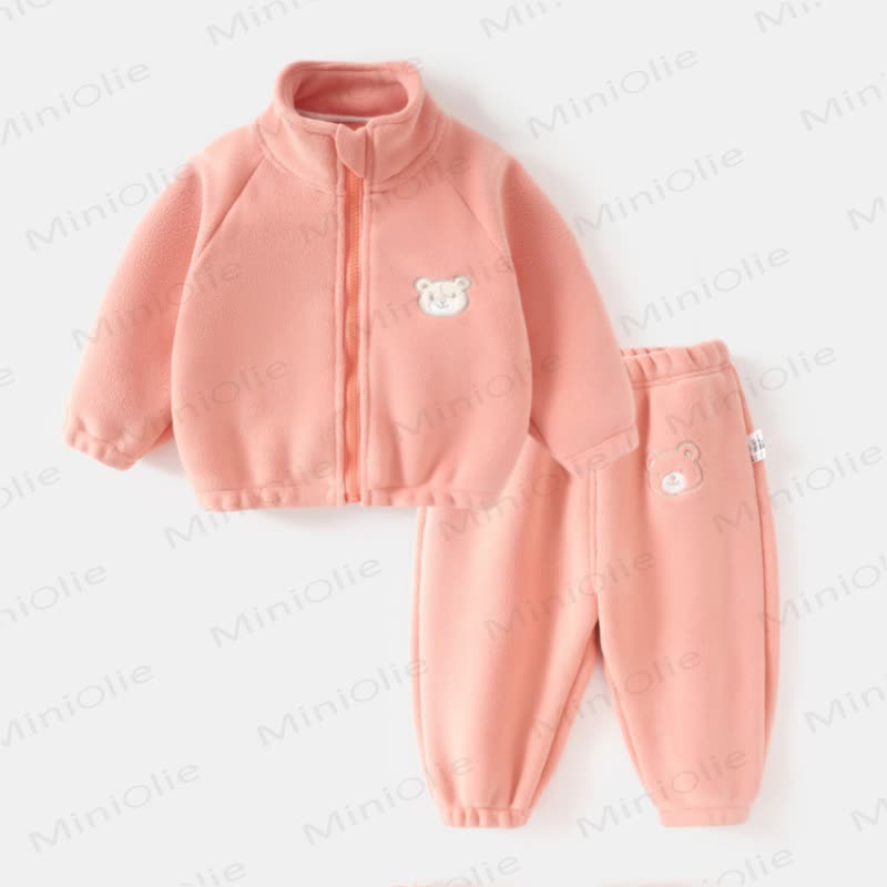 Toddler Baby Bear Patch Fleece Zip Up 2-piece Set - Pink - 4-5T - image 2