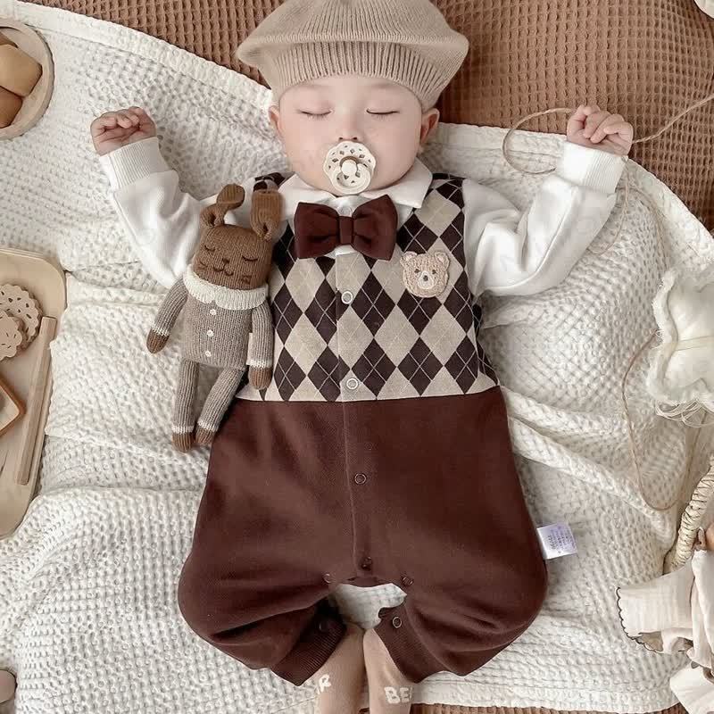 Baby Brown Checkered Pattern Bow Tie Romper - Brown Bow Tie - 18-24M - image 1
