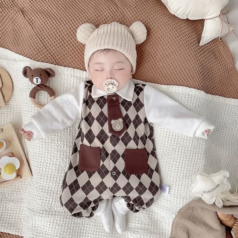 Baby Brown Checkered Pattern Bow Tie Romper - Brown Tie - 18-24M - image 4