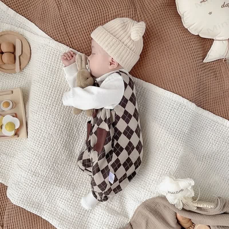 Baby Brown Checkered Pattern Bow Tie Romper - image 5