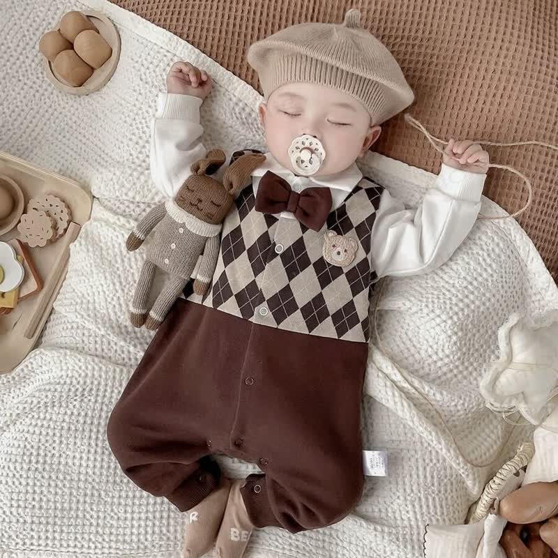Baby Brown Checkered Pattern Bow Tie Romper - image 2