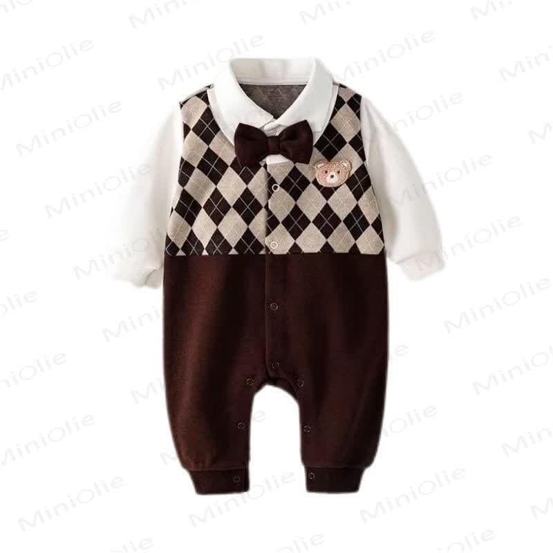 Baby Brown Checkered Pattern Bow Tie Romper - image 3