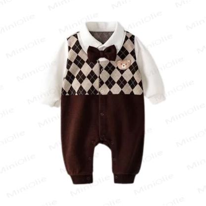 Baby Brown Checkered Pattern Bow Tie Romper - image 3