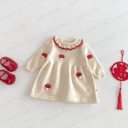 Baby Toddler Ruffle Collar Mushroo Dress - Beige - 4-5T - image 5