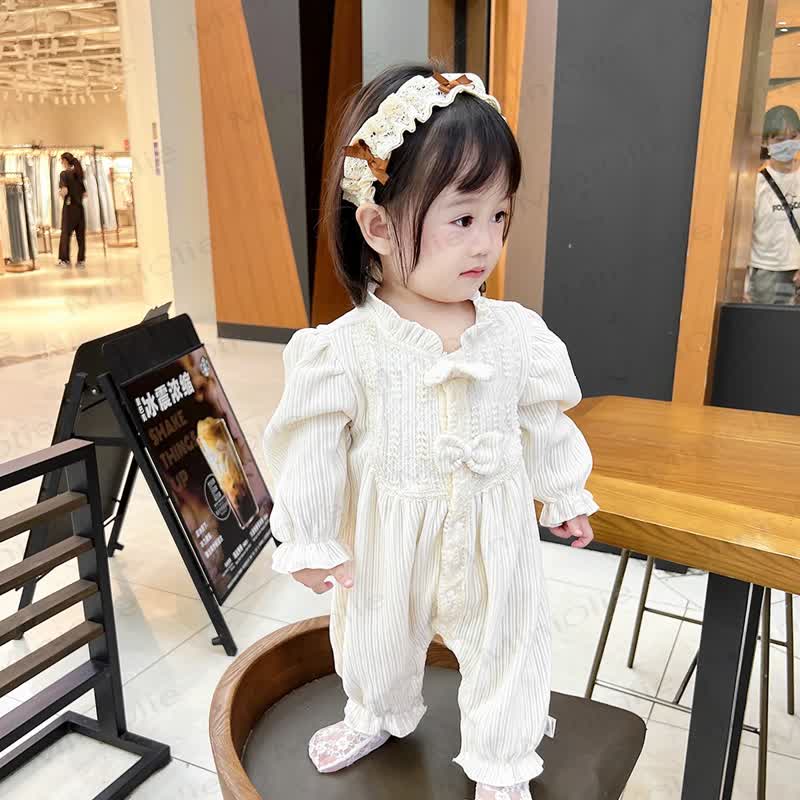 Baby Girl Bow Beige Romper - image 2