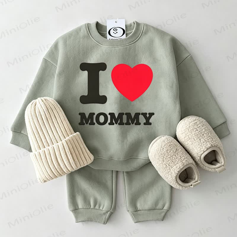 I LOVE MOMMY Baby Heart Print Grey Green Sweatshirt 2-piece Set - Grey Green - 2-3T - image 1