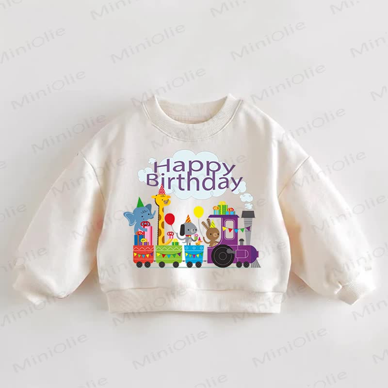 HAPPY BIRTHDAY Baby Toddler Animals on a Train Print Cream Sweatshirt - Cream - 3-5T - image 1