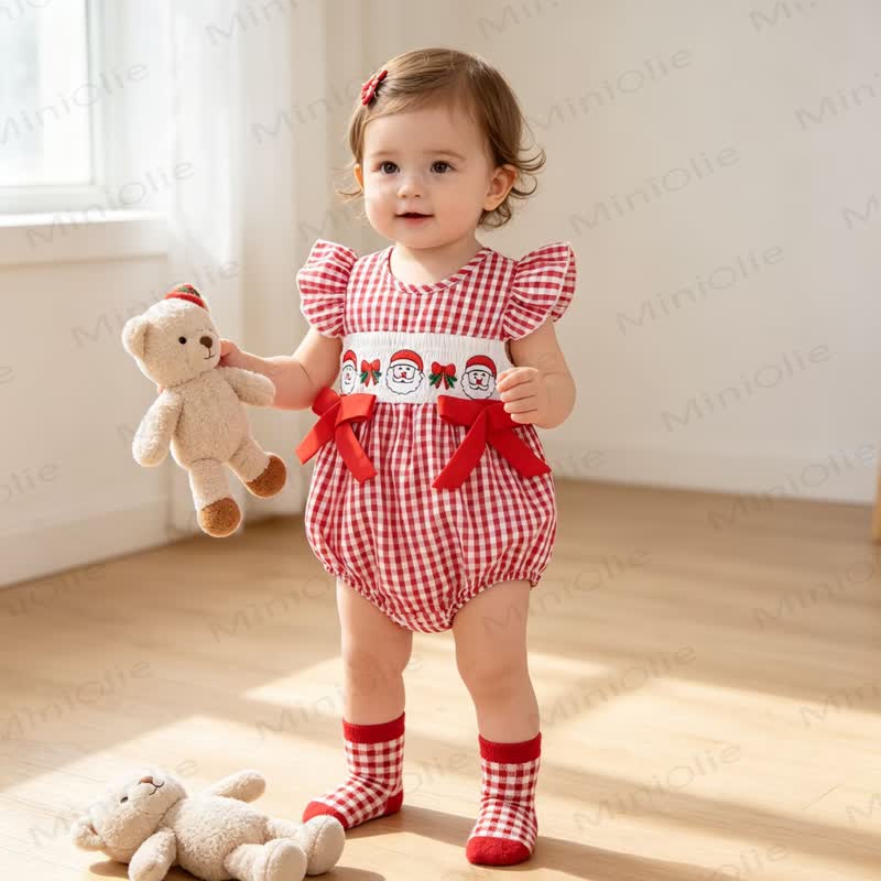 Baby Red Christmas Gingham Smocked Bodysuit - image 7