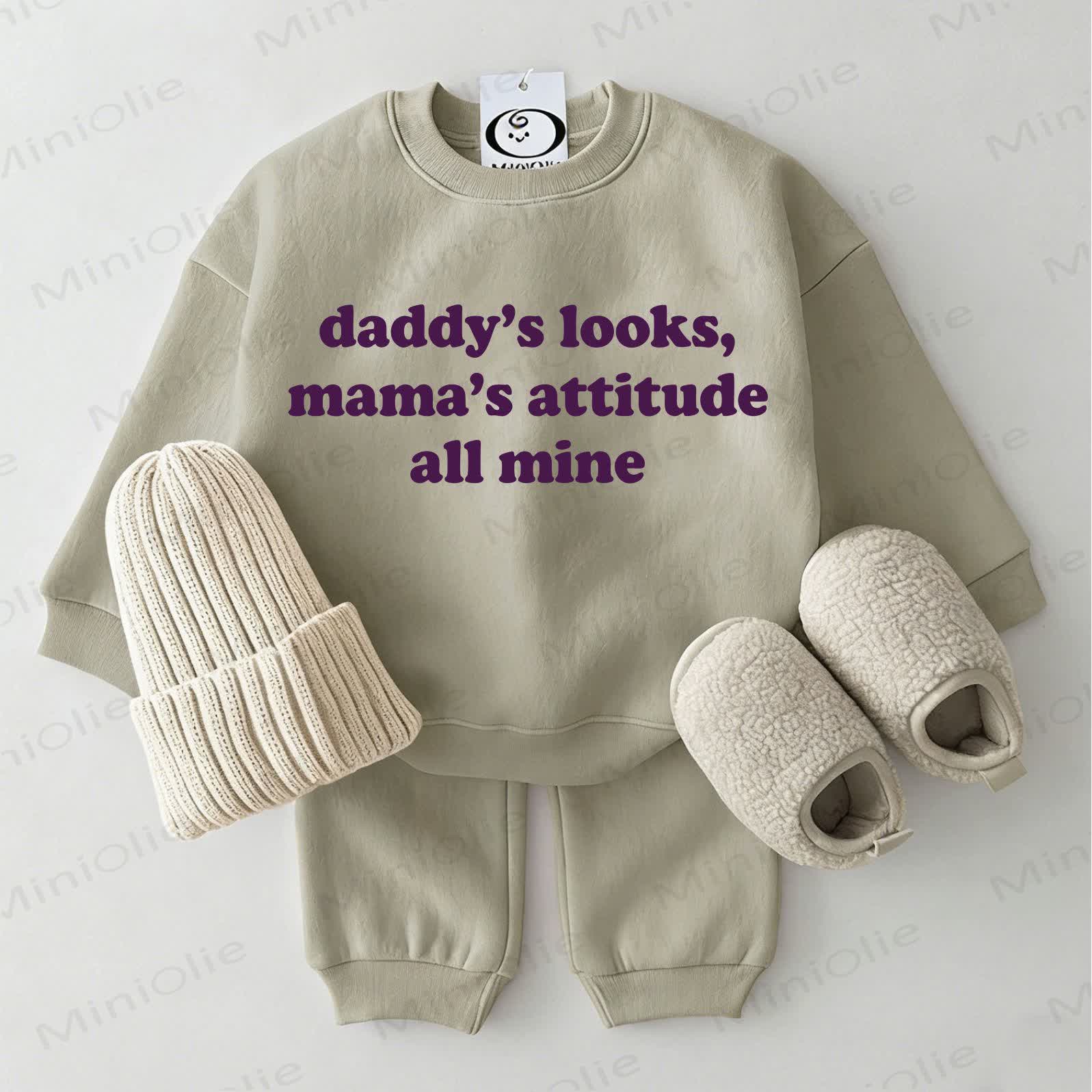 DADDY'S LOOKS, MAMA'S ATTITUDE ALL MINE Baby Green Sweatshirt 2-piece Set - Grey Green - 2-3T - image 1