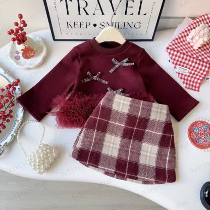 Toddler Girl Bow Long Sleeve Top and Plaid  Skirt 2-piece Set - Red - 8-9T - image 1