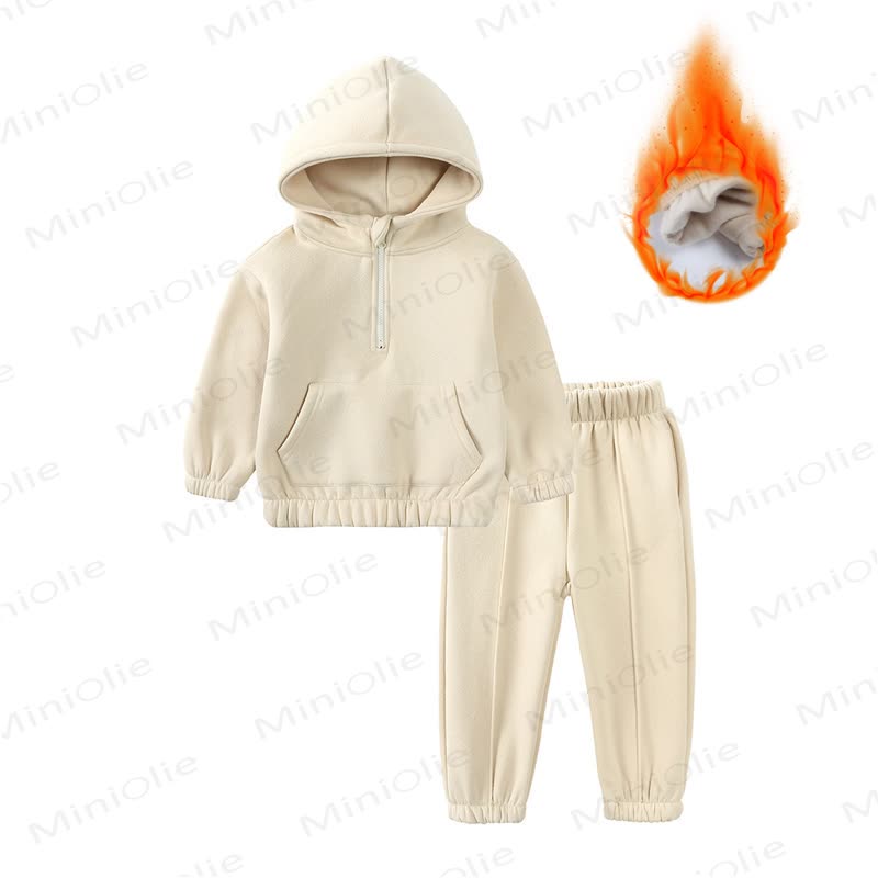 Toddler Solid Color Fleece Half Zip Hoodie and Jogger 2-piece Set - Beige - 6-7T - image 2